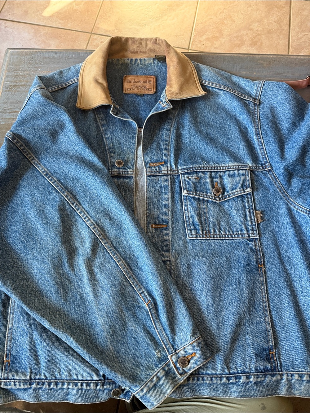 Timberland Blue Denim Jacket with Brown Leather Collar